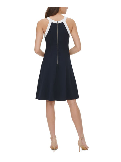 TOMMY HILFIGER Womens Navy Zippered Textured Button Detail Color Block Sleeveless Halter Knee Length Party Fit + Flare Dress 4
