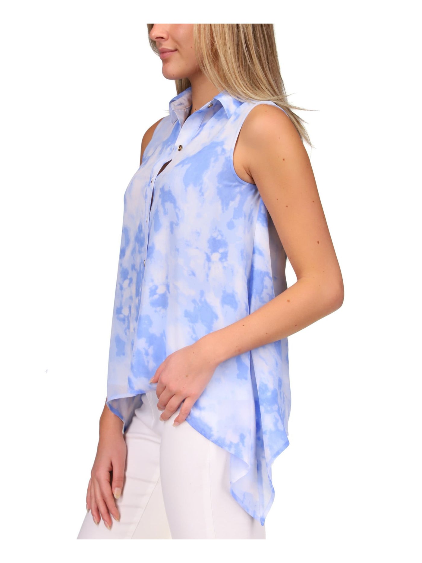 MICHAEL MICHAEL KORS Womens Blue Lined Handkerchief Hem Acid Wash Sleeveless Point Collar Button Up Top XXL