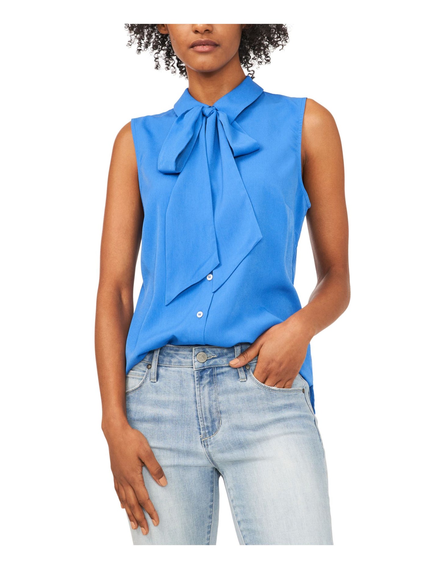 RILEY&RAE Womens Blue Sleeveless Tie Neck Button Up Top M