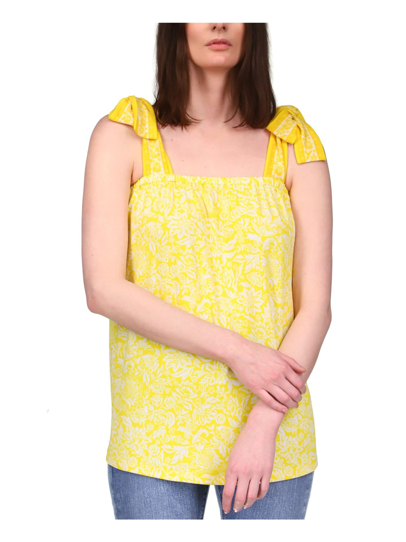 MICHAEL MICHAEL KORS Womens Yellow Tie Floral Sleeveless Square Neck Top XS