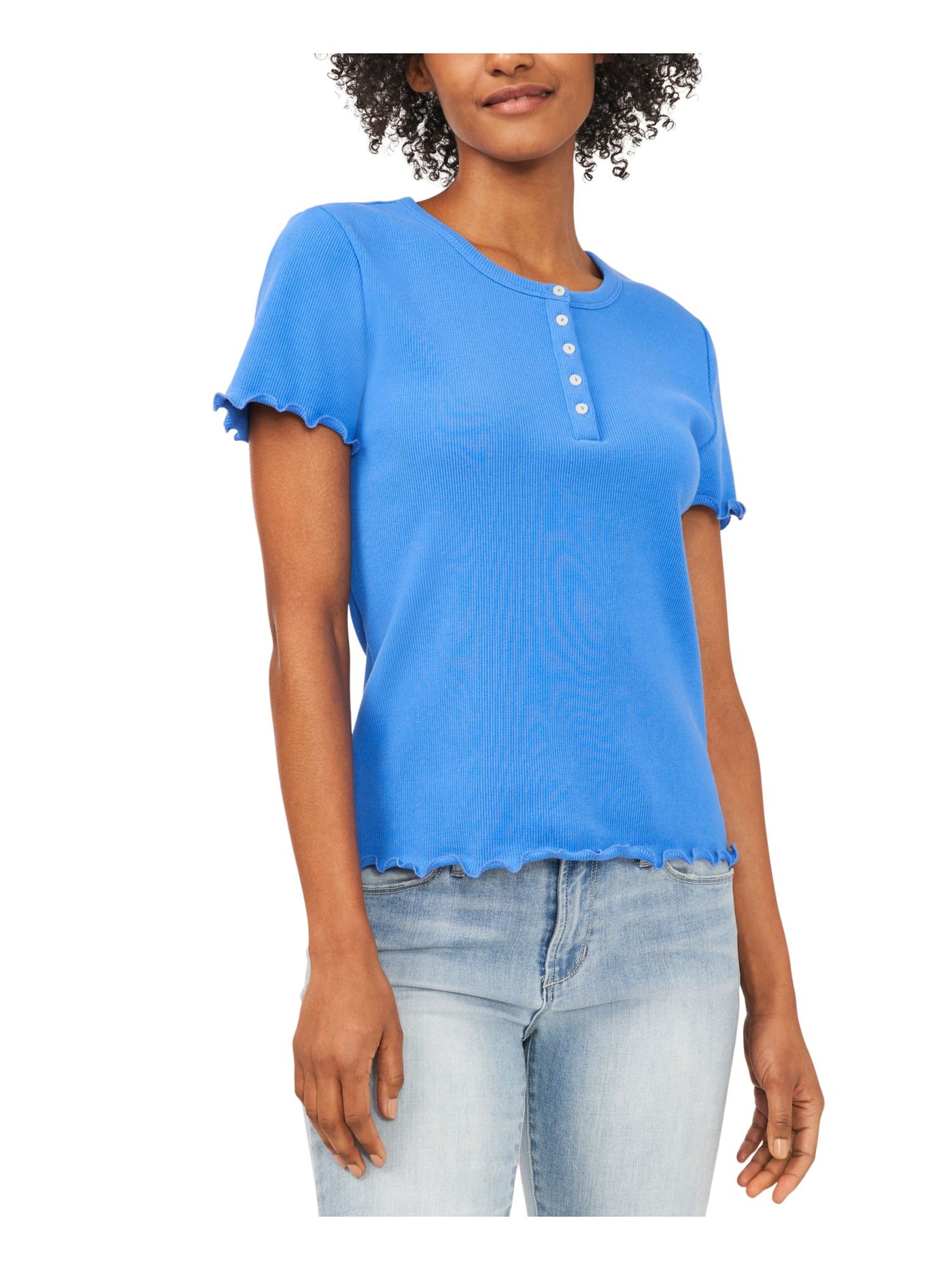 RILEY&RAE Womens Light Blue Stretch Ribbed Buttoned Henley Short Sleeve Crew Neck Top L