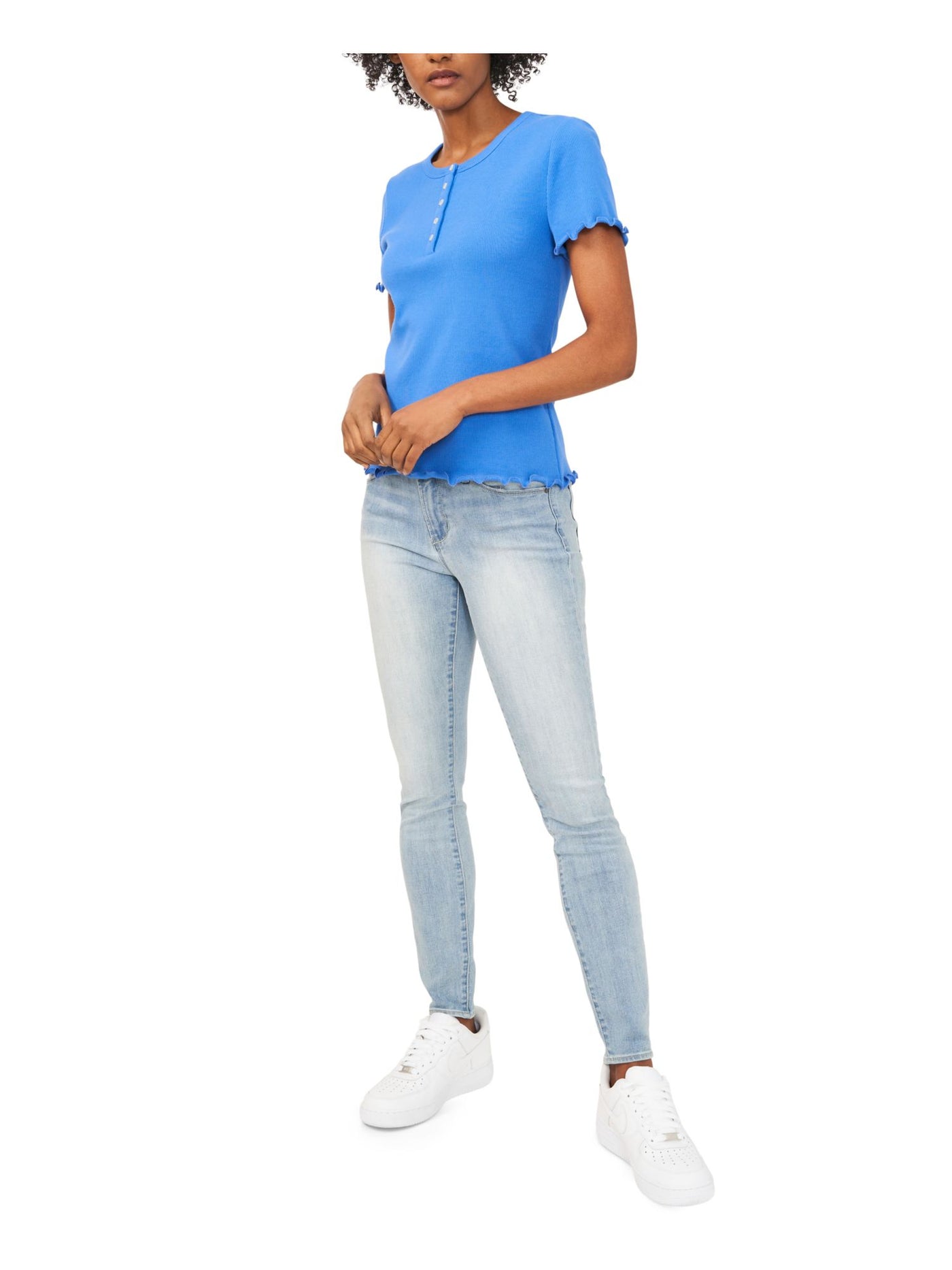 RILEY&RAE Womens Light Blue Stretch Ribbed Buttoned Henley Short Sleeve Crew Neck Top L