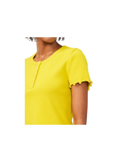 RILEY&RAE Womens Yellow Stretch Ribbed Buttoned Henley Short Sleeve Crew Neck Top XXL