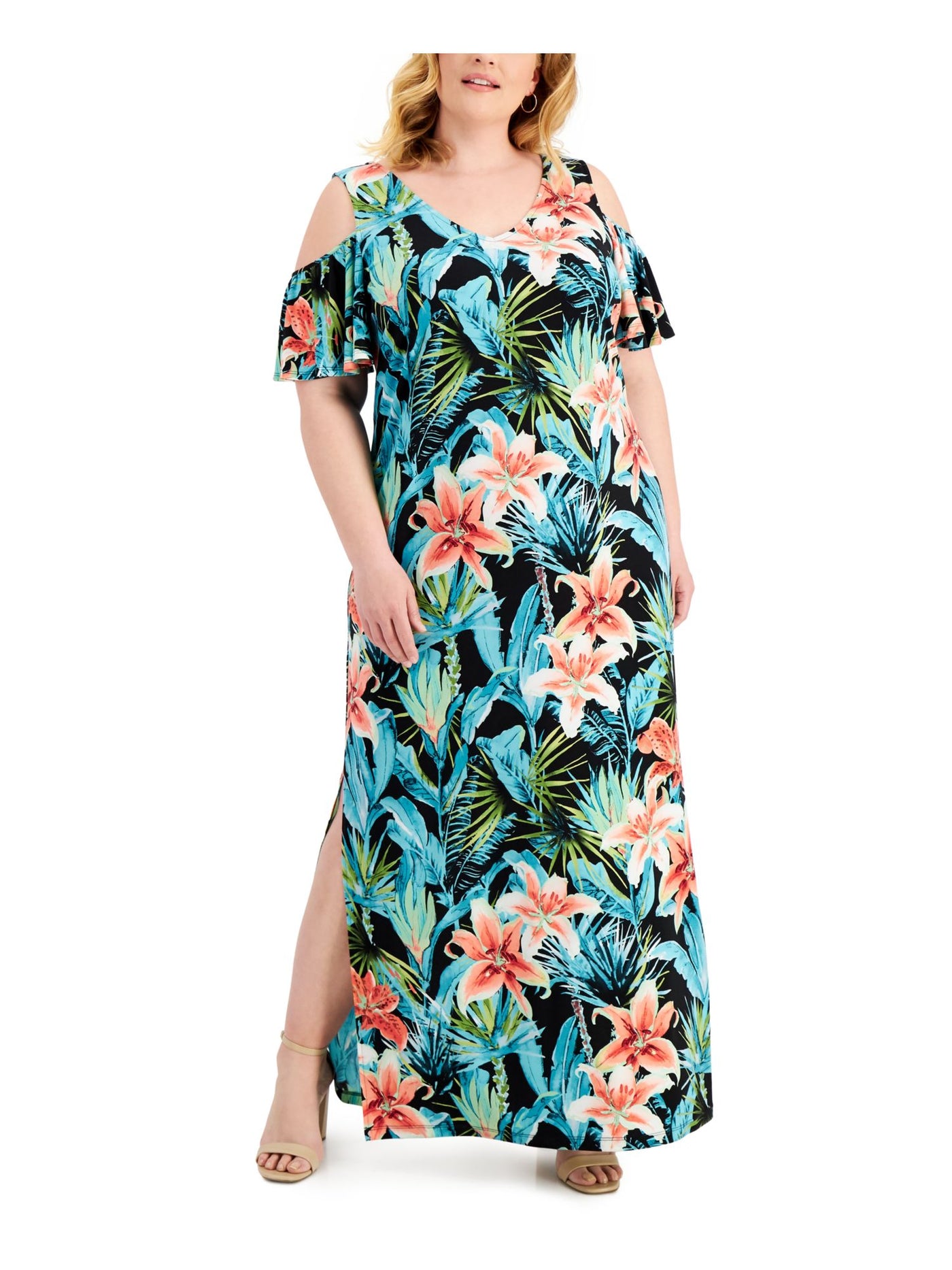 CONNECTED APPAREL Womens Green Stretch Cold Shoulder Slitted Printed Short Sleeve V Neck Maxi Party Shift Dress Plus 16W