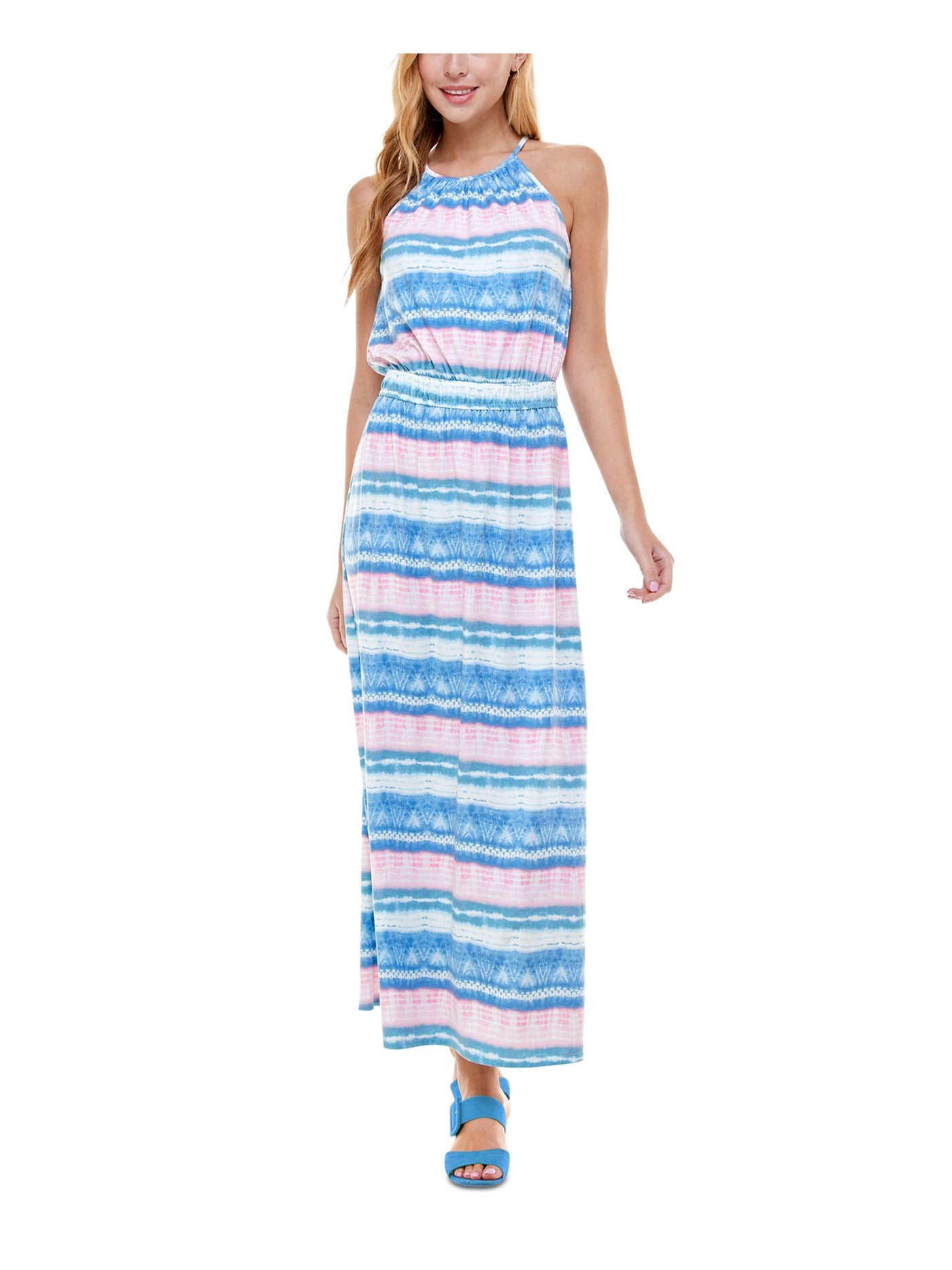 KINGSTON GREY Womens Blue Smocked Striped Sleeveless Halter Maxi Sheath Dress S