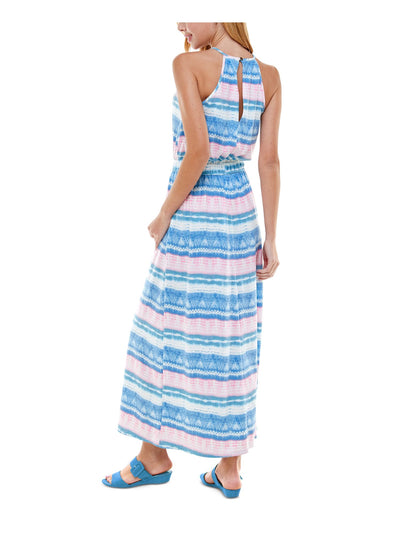 KINGSTON GREY Womens Blue Smocked Striped Sleeveless Halter Maxi Sheath Dress S