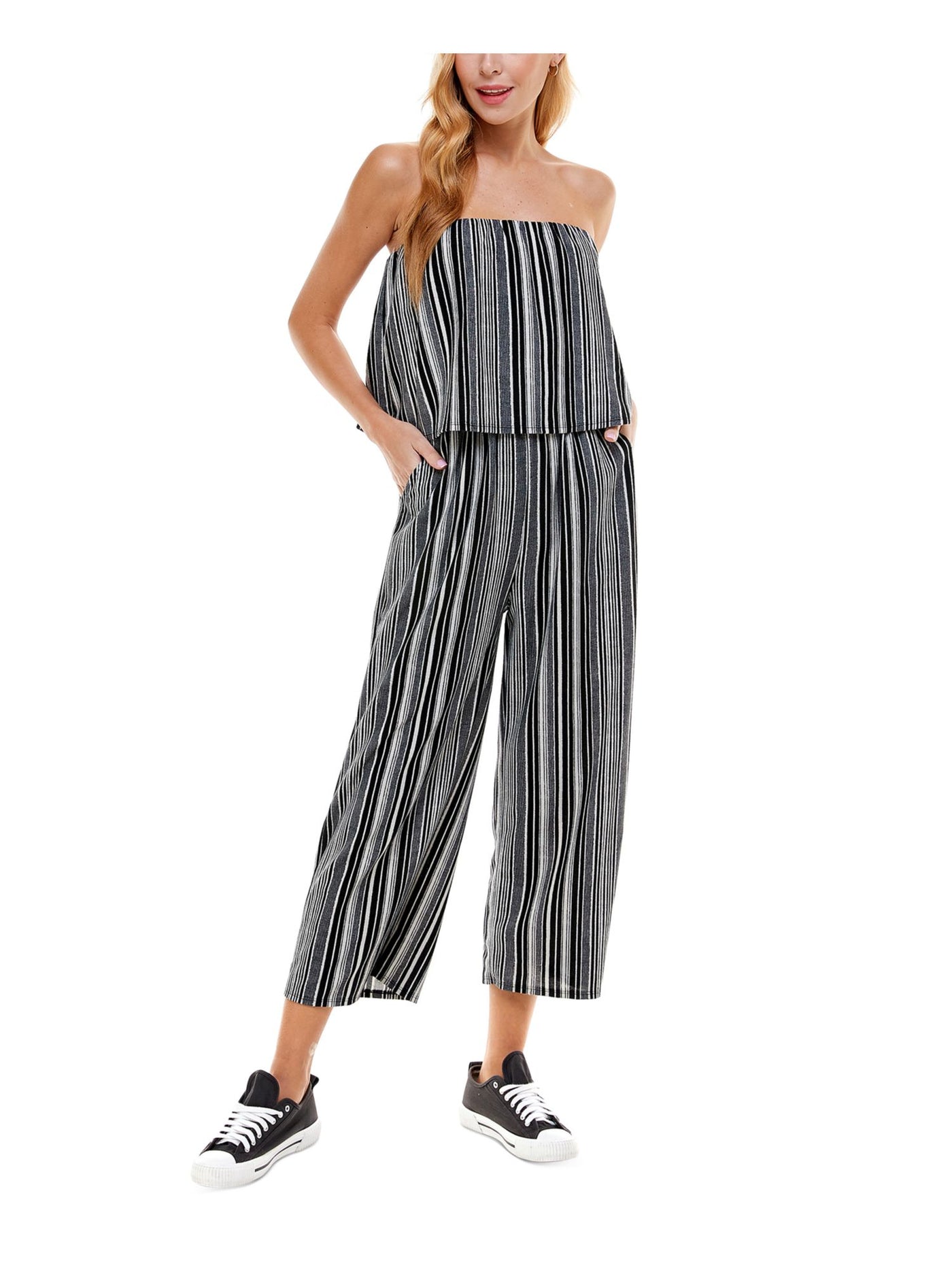 KINGSTON GREY Womens Pocketed Gaucho Elastic Waistband Popover Strapless Wide Leg Jumpsuit