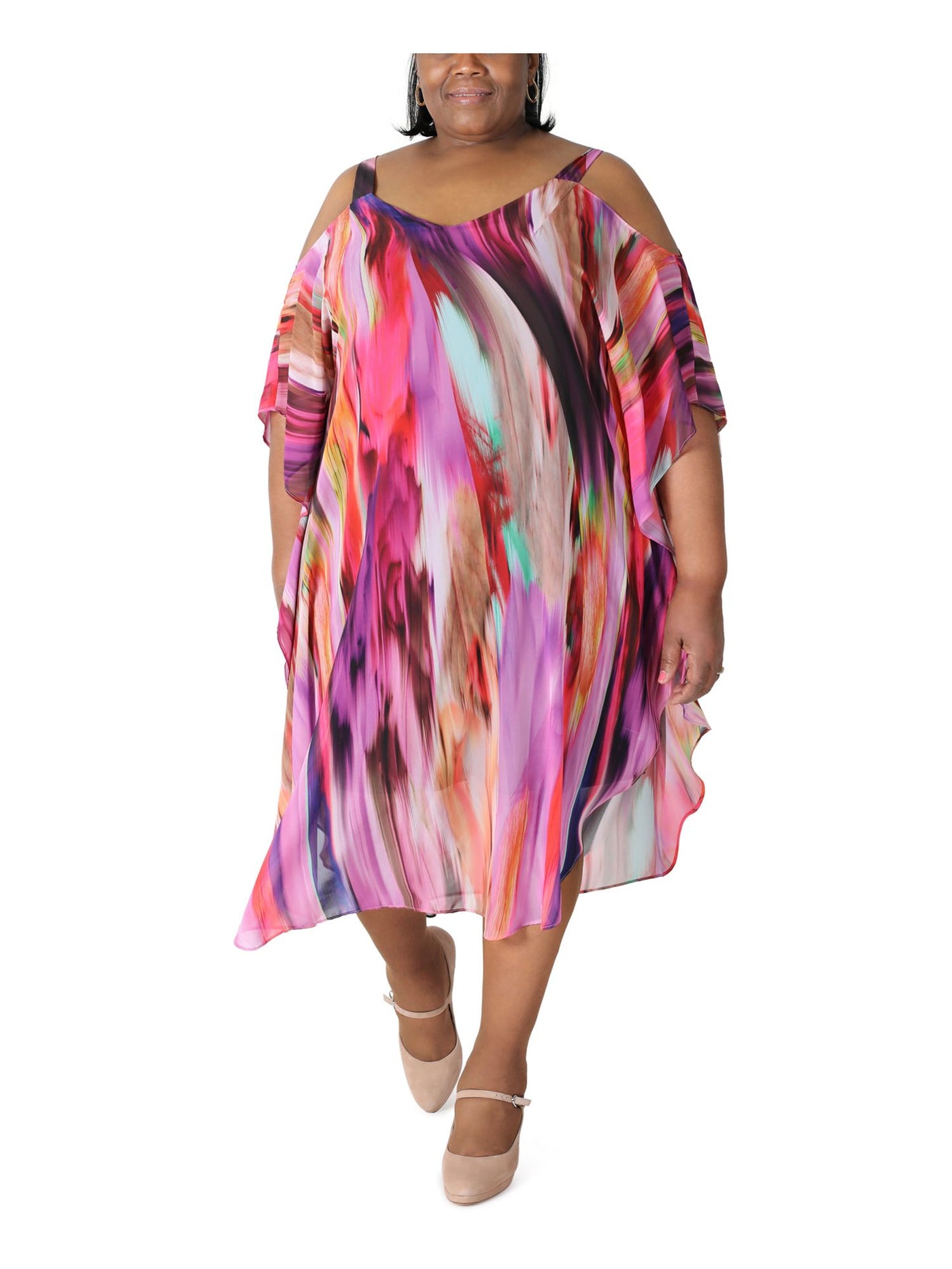 SIGNATURE BY ROBBIE BEE Womens Pink Cold Shoulder Sheer Lined Tie Dye Flutter Sleeve V Neck Maxi Party Shift Dress Plus 16W