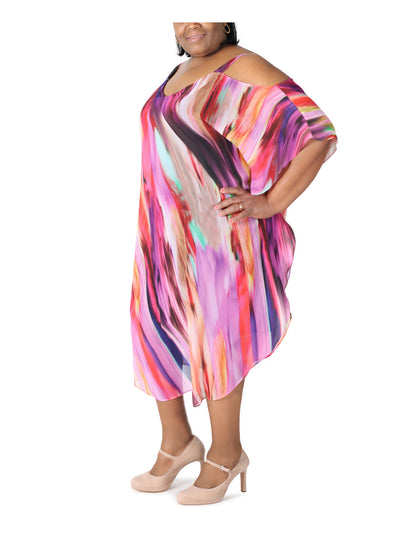 SIGNATURE BY ROBBIE BEE Womens Purple Cold Shoulder Sheer Lined Tie Dye Flutter Sleeve V Neck Maxi Party Shift Dress Plus 18W