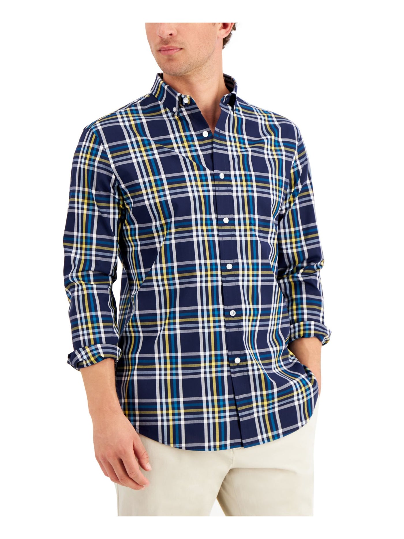 CLUBROOM Mens Bedford Navy Plaid Button Down Stretch Casual Shirt S
