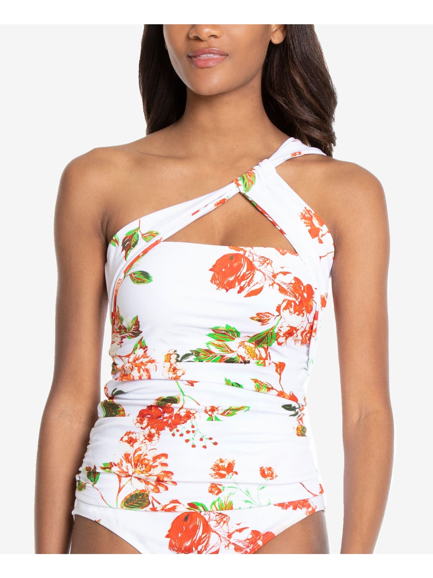 RACHEL RACHEL ROY Women's White Floral Removable Cups Lined Cutout One Shoulder Tankini Swimsuit Top XS