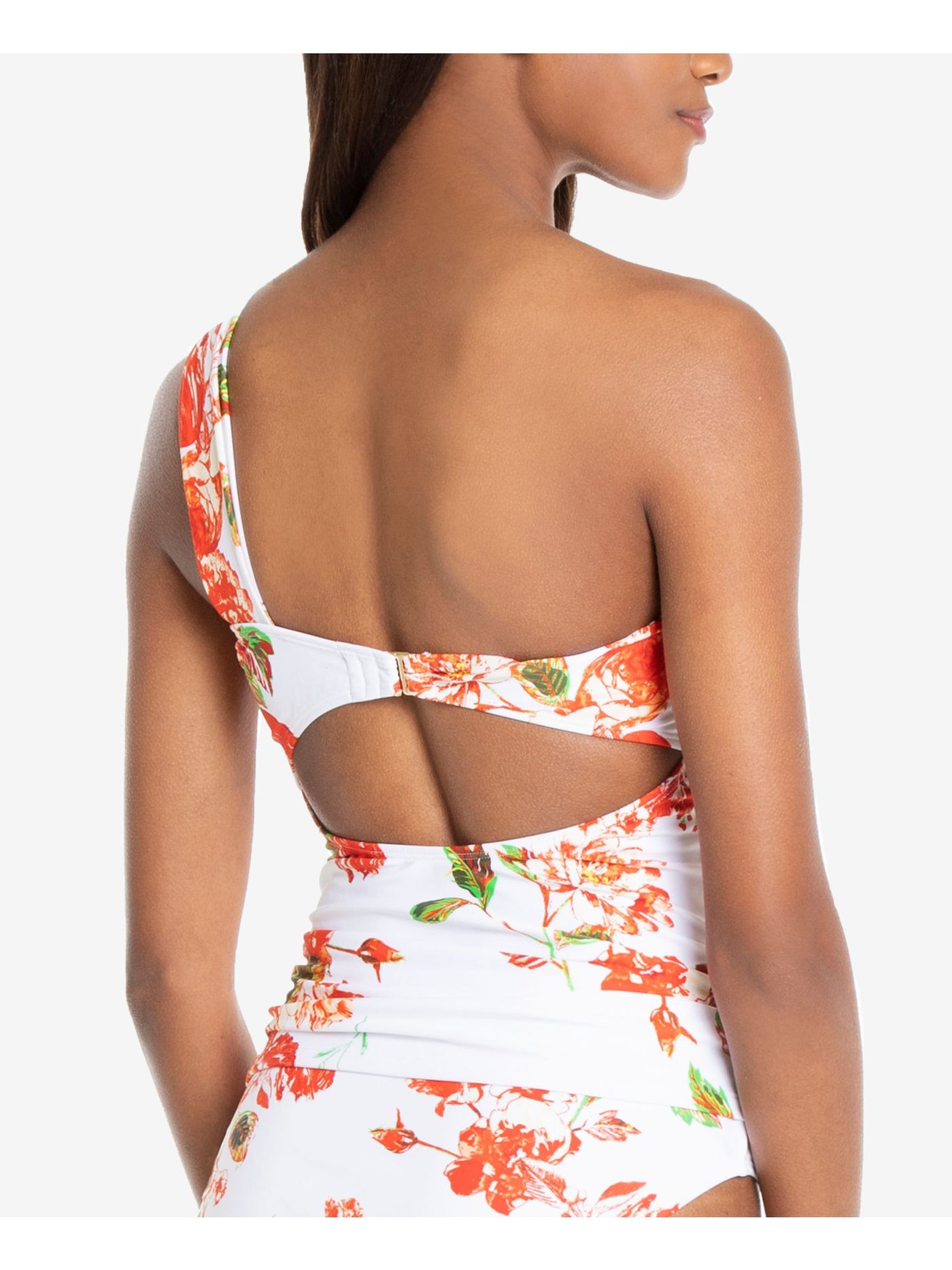 RACHEL RACHEL ROY Women's White Floral Removable Cups Lined Cutout One Shoulder Tankini Swimsuit Top XS