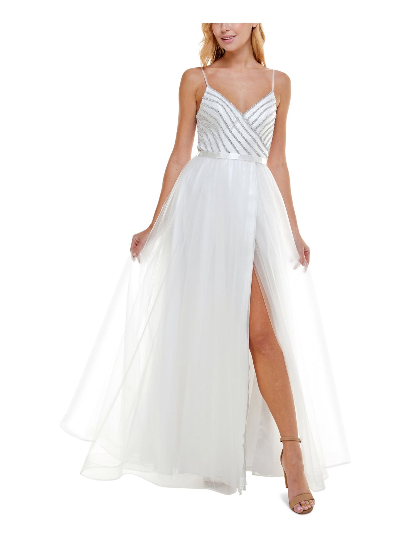 SAY YES TO THE PROM Womens White Embellished Zippered Slitted Tulle Spaghetti Strap V Neck Full-Length Formal Fit + Flare Dress 3\4