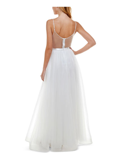 SAY YES TO THE PROM Womens White Embellished Zippered Slitted Tulle Spaghetti Strap V Neck Full-Length Formal Fit + Flare Dress Juniors 15\16