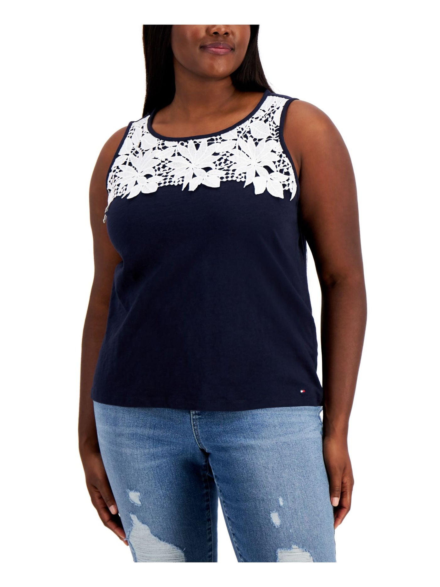TOMMY HILFIGER Womens Navy Floral Scoop Neck Tank Top Plus 1X