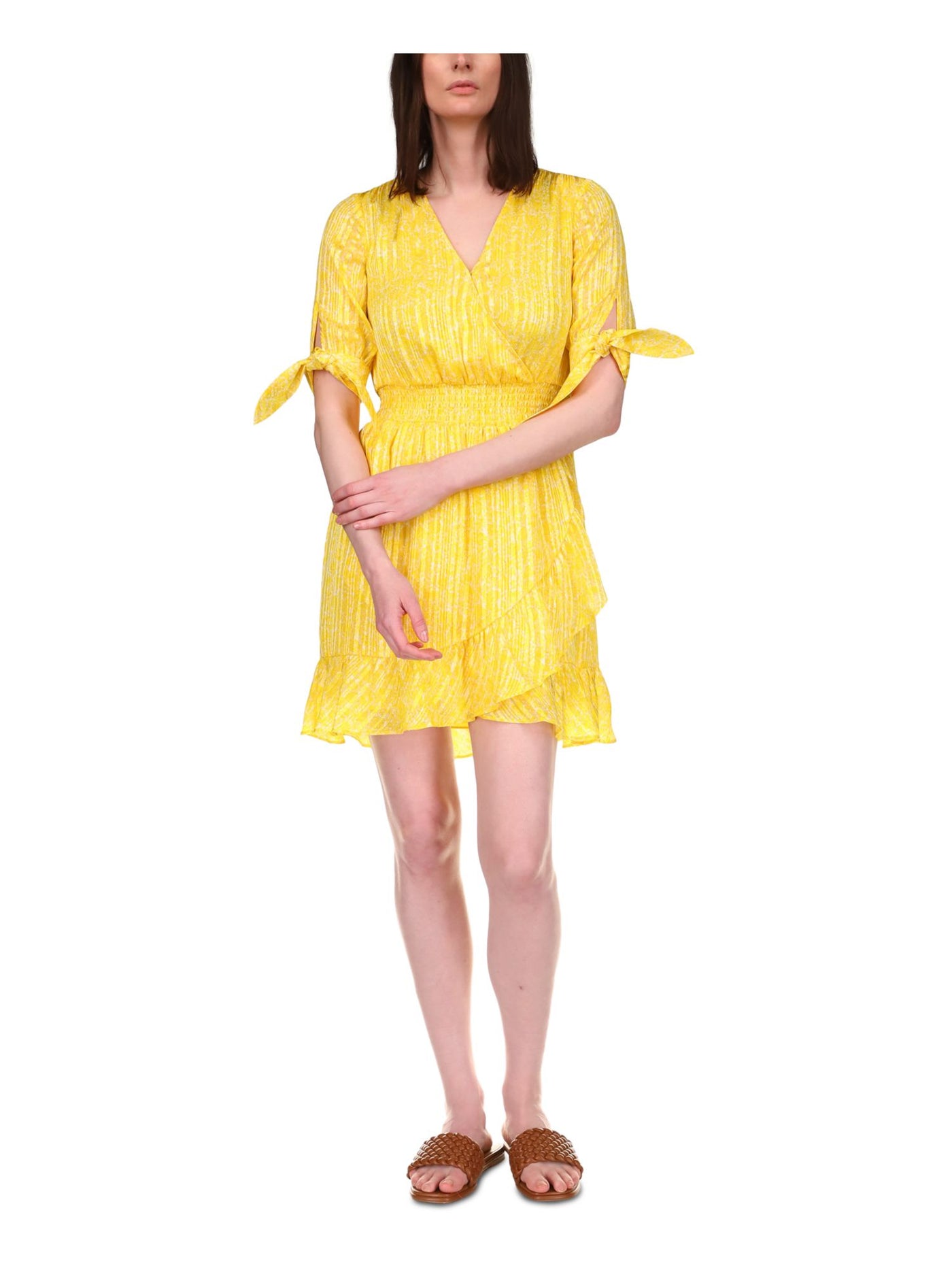 MICHAEL MICHAEL KORS Womens Yellow Smocked Ruffled Pullover Tie Cuffs Tulip Hem Striped Elbow Sleeve Surplice Neckline Short Party Fit + Flare Dress Plus 1X