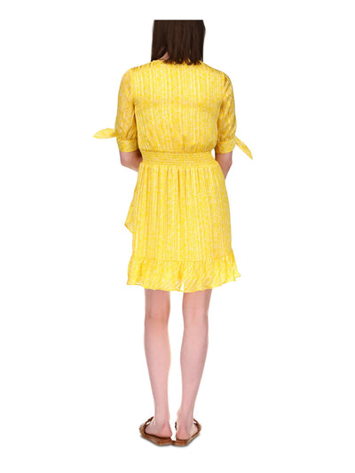 MICHAEL MICHAEL KORS Womens Yellow Smocked Ruffled Pullover Tie Cuffs Tulip Hem Striped Elbow Sleeve Surplice Neckline Short Party Fit + Flare Dress Plus 1X