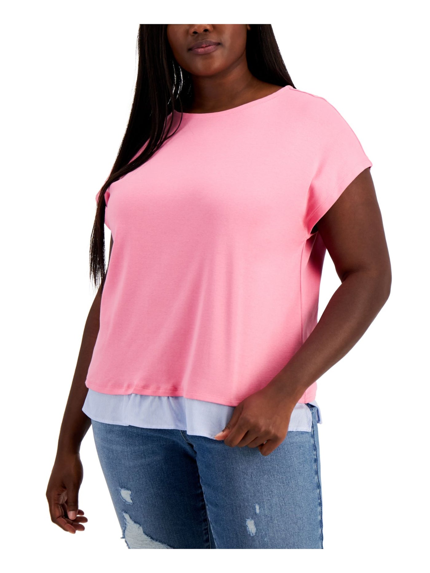 TOMMY HILFIGER Womens Pink Cap Sleeve Jewel Neck Top Plus 1X