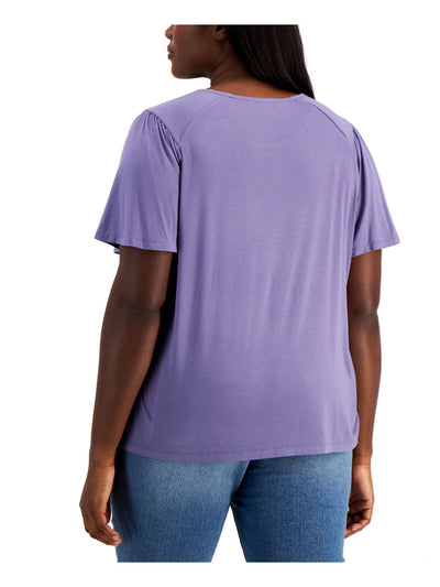 TOMMY HILFIGER Womens Purple Stretch Flutter Sleeve Crew Neck T-Shirt Plus 0X