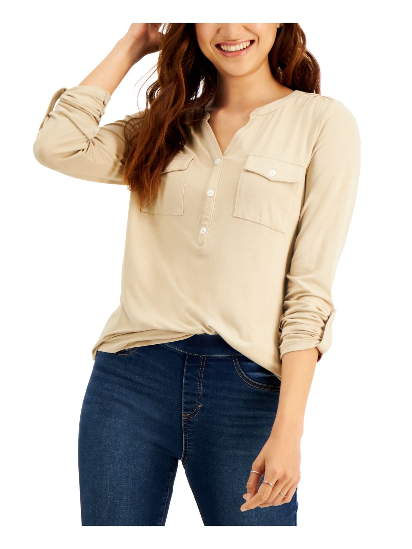 STYLE & COMPANY Womens Beige Pocketed Gathered Curved Hem 3 Button Placket Long Sleeve Split Top XXL