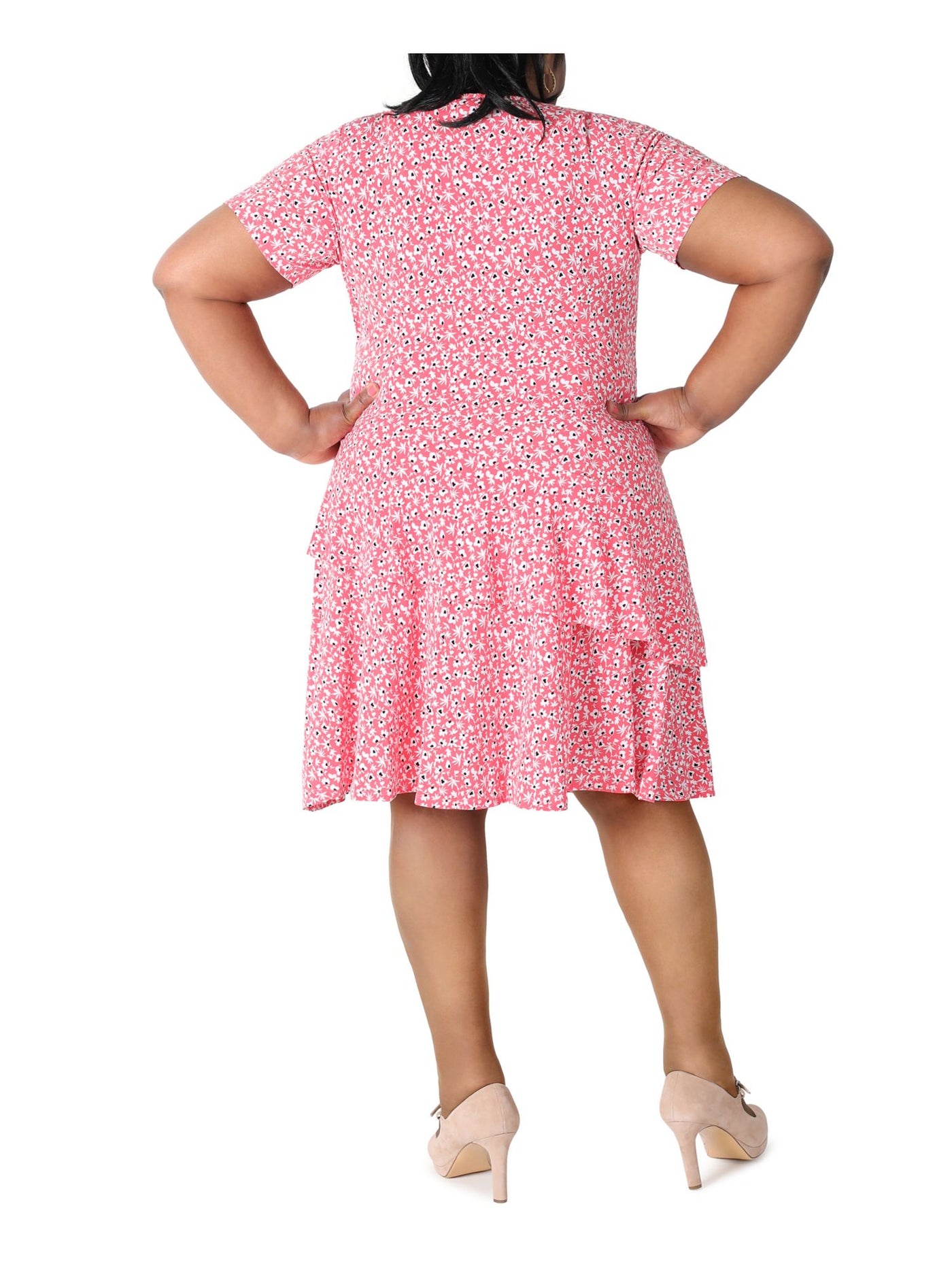 ROBBIE BEE Womens Coral Stretch Gathered Ruffled At Skirt Floral Short Sleeve Surplice Neckline Below The Knee Wear To Work Fit + Flare Dress Plus 3X