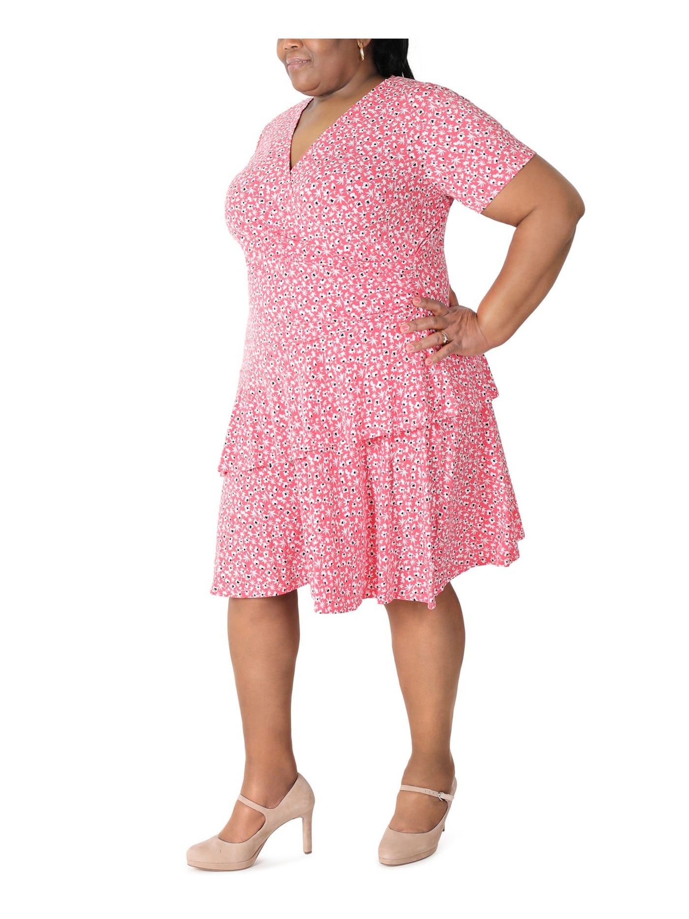 ROBBIE BEE Womens Coral Stretch Gathered Ruffled At Skirt Floral Short Sleeve Surplice Neckline Below The Knee Wear To Work Fit + Flare Dress Plus 3X