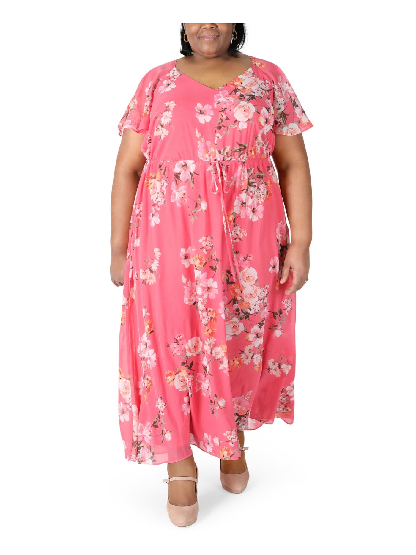 SIGNATURE BY ROBBIE BEE Womens Pink Sheer Tie Chiffon Lined Floral Flutter Sleeve V Neck Maxi Formal Sheath Dress Plus 20W