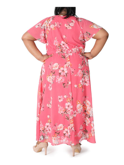 SIGNATURE BY ROBBIE BEE Womens Pink Sheer Tie Chiffon Lined Floral Flutter Sleeve V Neck Maxi Formal Sheath Dress Plus 20W