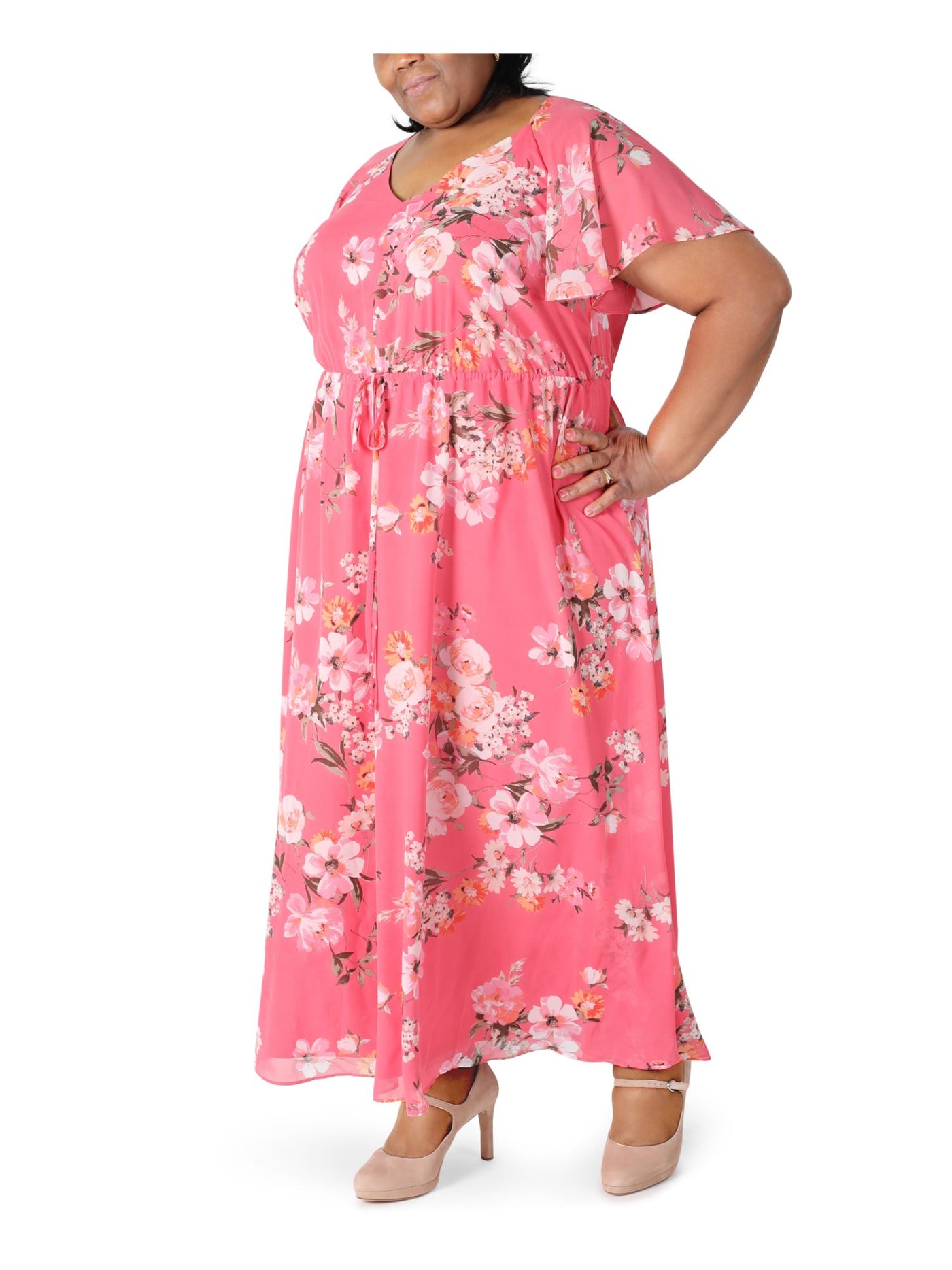SIGNATURE BY ROBBIE BEE Womens Pink Sheer Tie Chiffon Lined Floral Flutter Sleeve V Neck Maxi Formal Sheath Dress Plus 20W