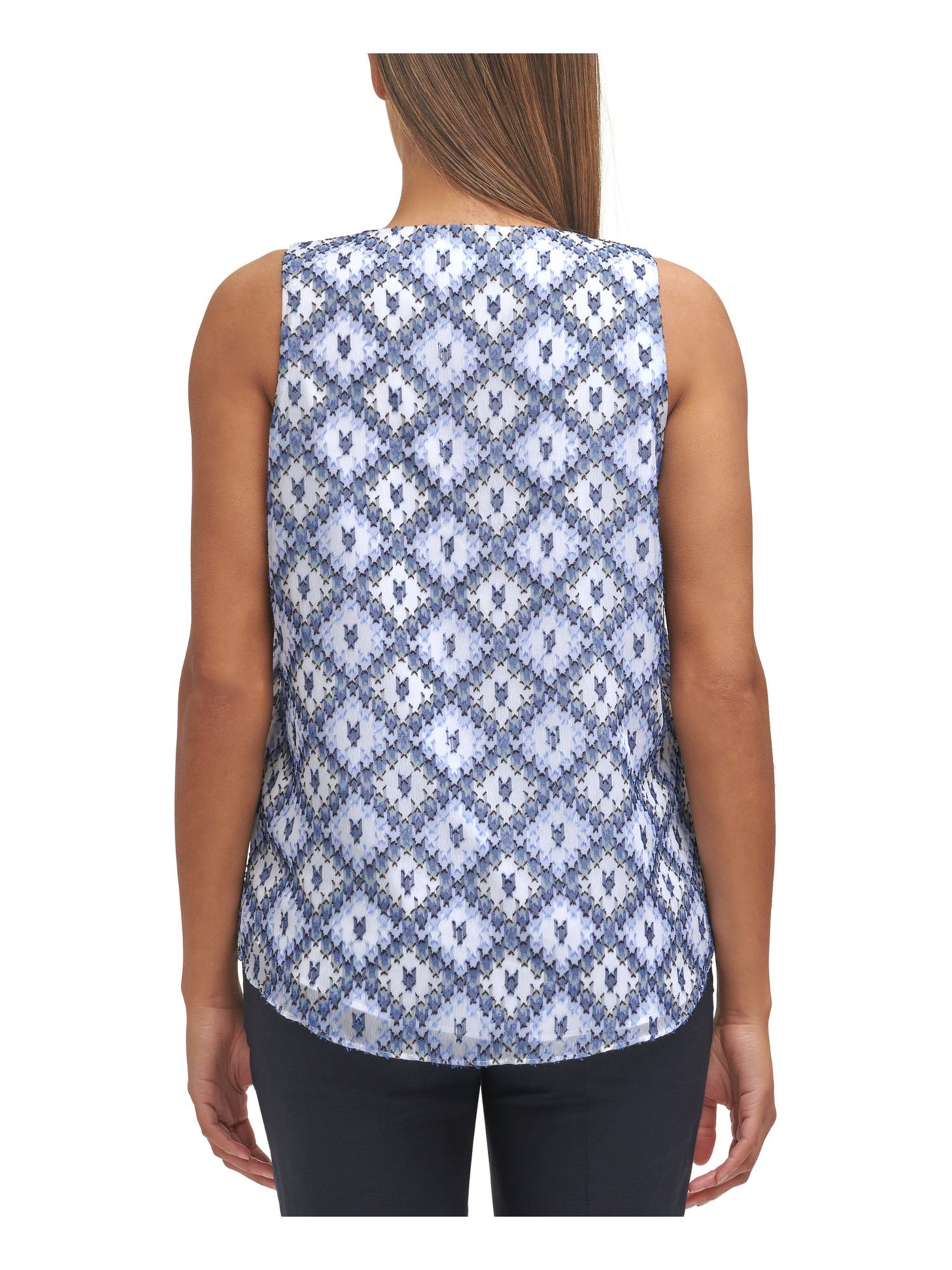 CALVIN KLEIN Womens Light Blue Stretch Textured Sheer Lined Printed Sleeveless V Neck Wear To Work Top Petites PS