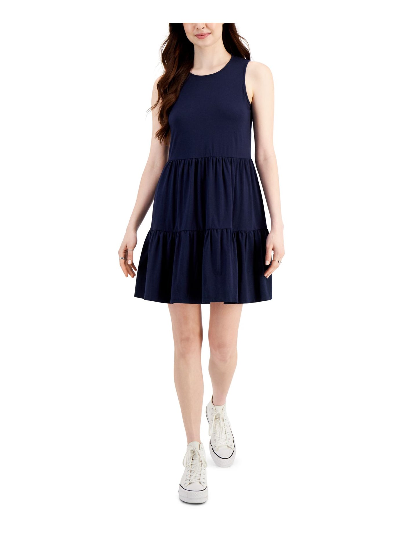 STYLE & COMPANY Womens Navy Stretch Ruffled Sleeveless Crew Neck Short Fit + Flare Dress Petites PP