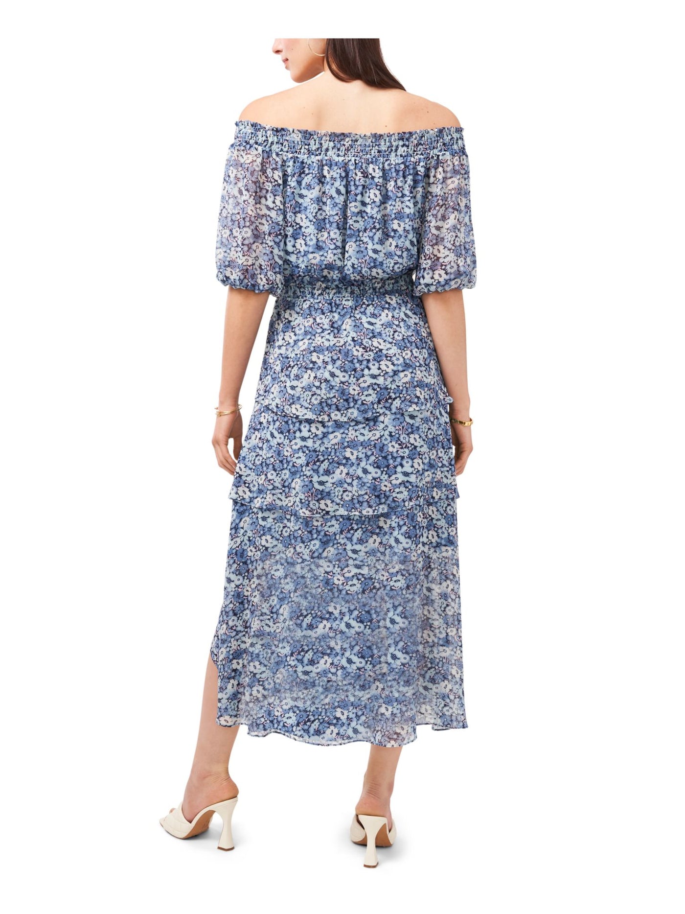 VINCE CAMUTO Womens Blue Ruffled Lined Floral Elbow Sleeve Off Shoulder Knee Length Wear To Work Hi-Lo Dress S