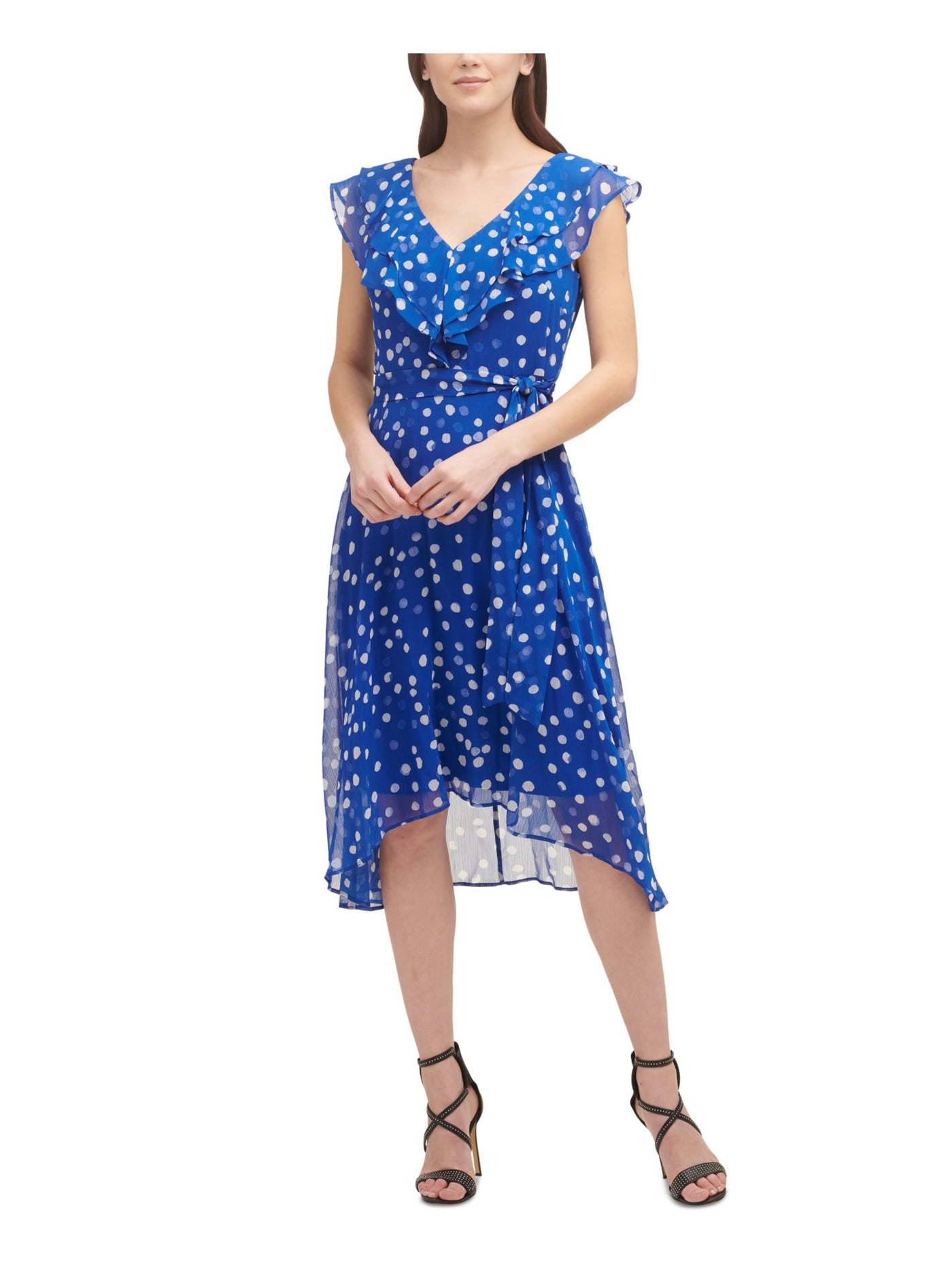 DKNY Womens Blue Zippered Ruffled Tie Polka Dot Cap Sleeve V Neck Midi Cocktail Fit + Flare Dress 14