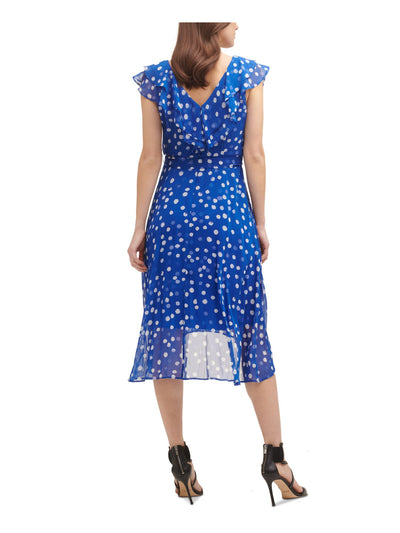 DKNY Womens Blue Zippered Ruffled Tie Polka Dot Cap Sleeve V Neck Midi Cocktail Fit + Flare Dress 14
