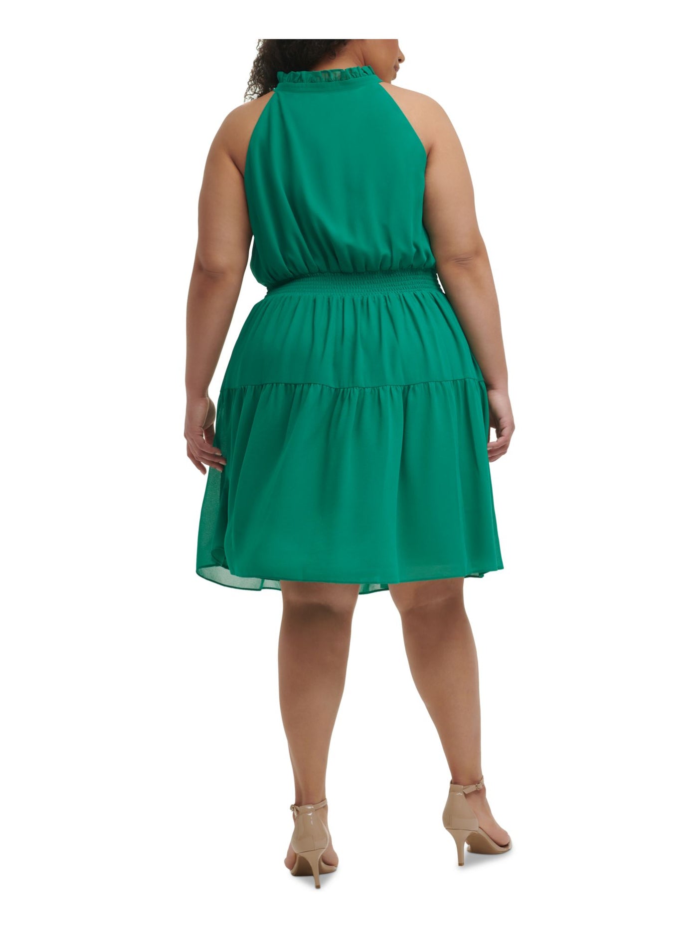 VINCE CAMUTO Womens Green Stretch Ruffled Smocked Sleeveless Tie Neck Above The Knee Party Fit + Flare Dress Plus 16W