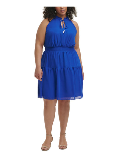 VINCE CAMUTO Womens Blue Stretch Ruffled Smocked Sleeveless Tie Neck Above The Knee Party Fit + Flare Dress Plus 24W