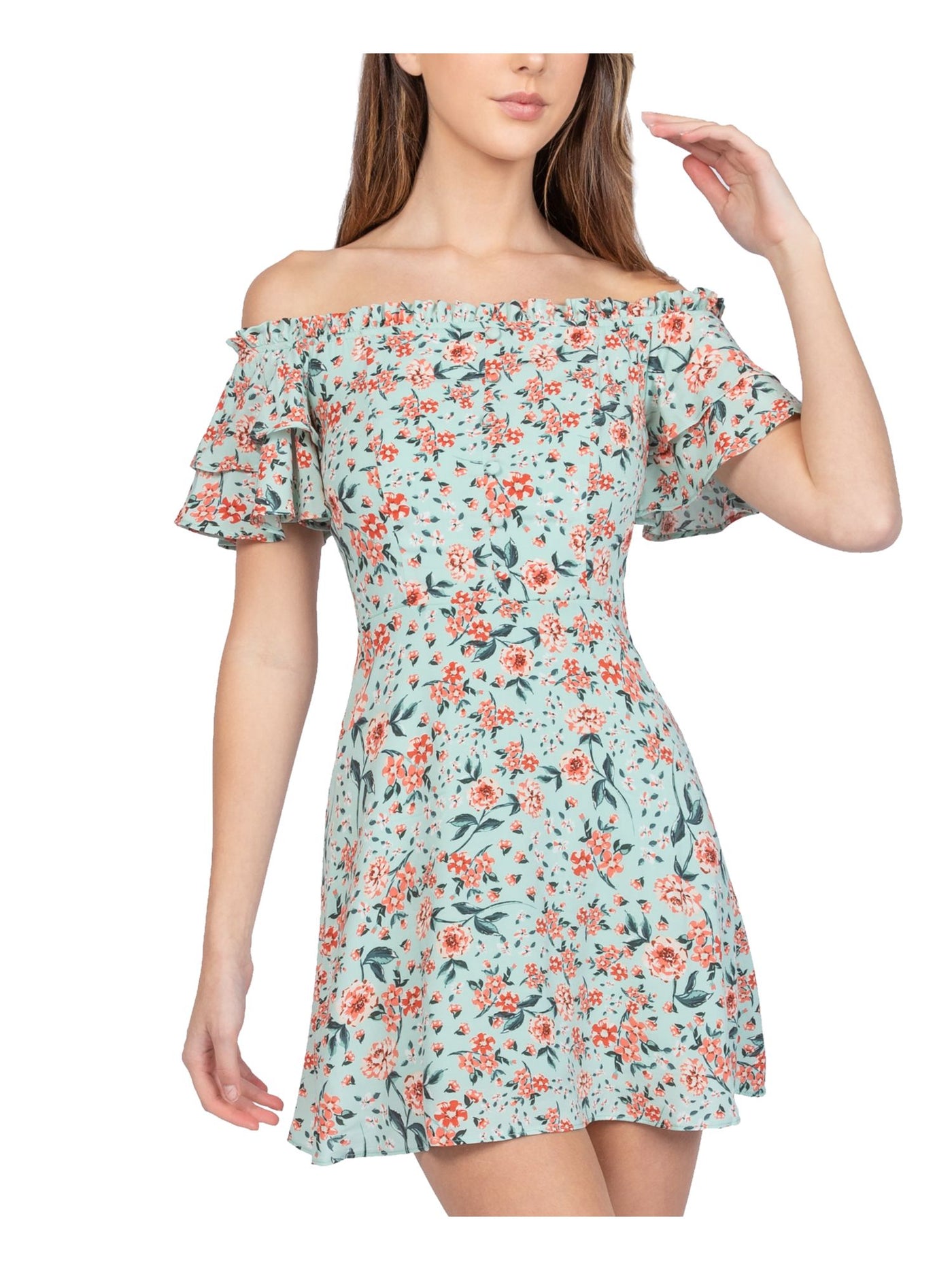 B DARLIN Womens Green Floral Short Sleeve Off Shoulder Short Fit + Flare Dress Juniors 3\4