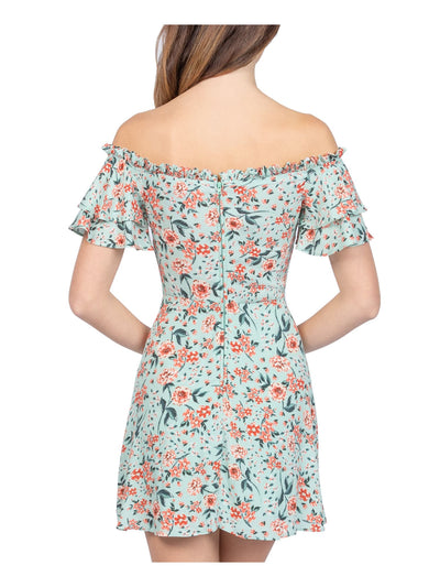 B DARLIN Womens Green Floral Short Sleeve Off Shoulder Short Fit + Flare Dress Juniors 3\4