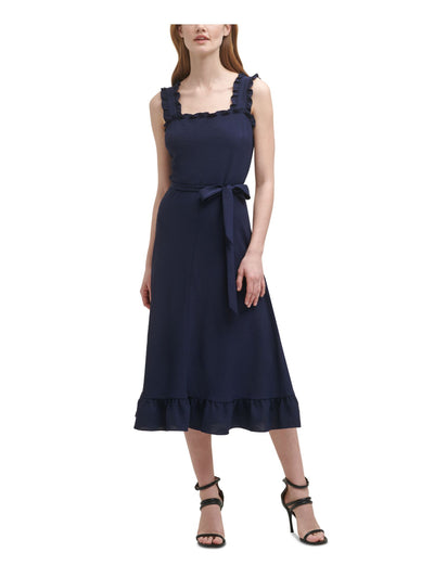 DKNY Womens Navy Zippered Belted Ruffled Sleeveless Square Neck Midi Wear To Work Fit + Flare Dress 2