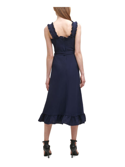 DKNY Womens Navy Zippered Belted Ruffled Sleeveless Square Neck Midi Wear To Work Fit + Flare Dress 8
