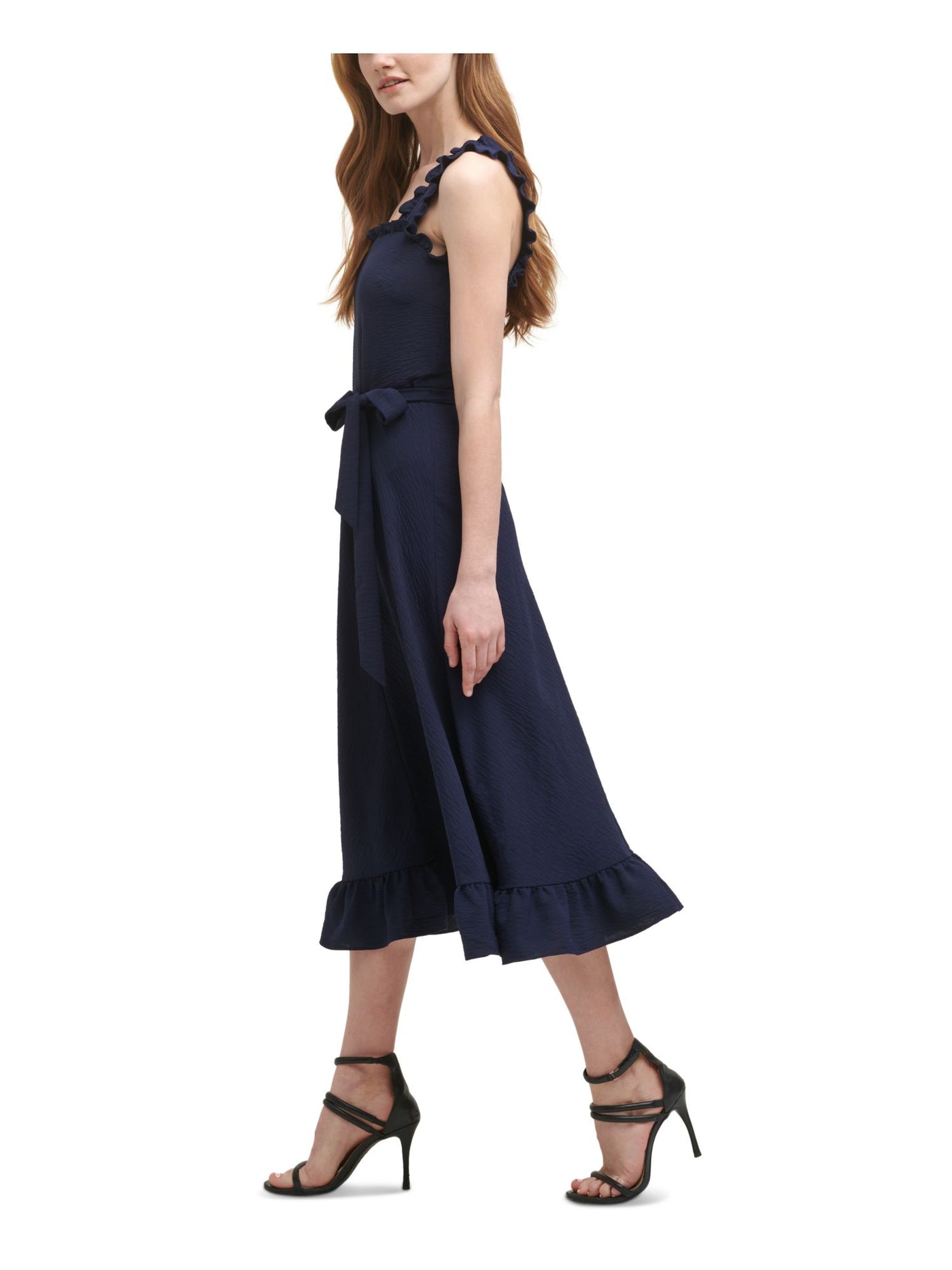DKNY Womens Navy Zippered Belted Ruffled Sleeveless Square Neck Midi Wear To Work Fit + Flare Dress 2