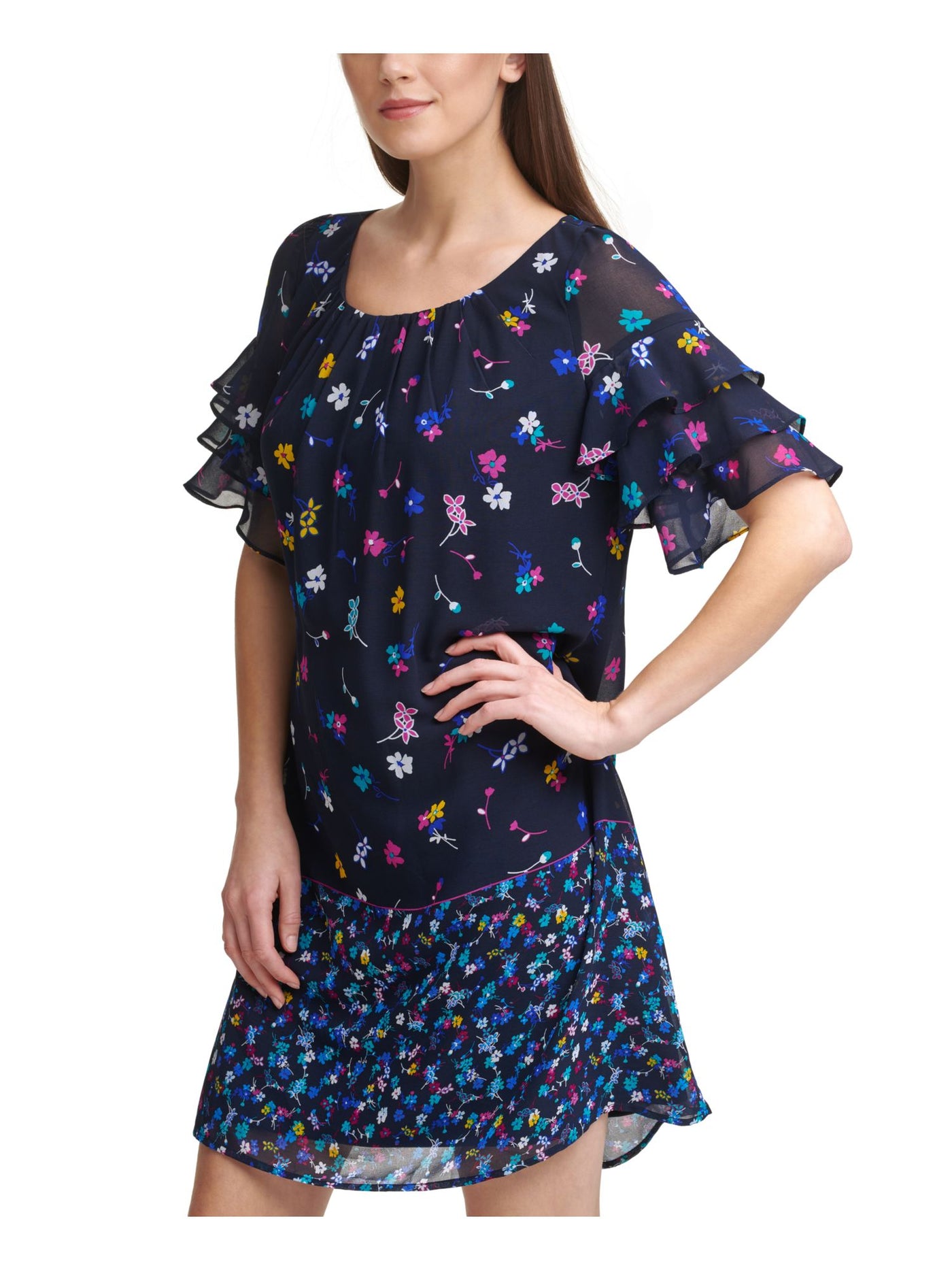 DKNY Womens Navy Sheer Ruffled-sleeve Lined Floral Scoop Neck Above The Knee Wear To Work Fit + Flare Dress 2