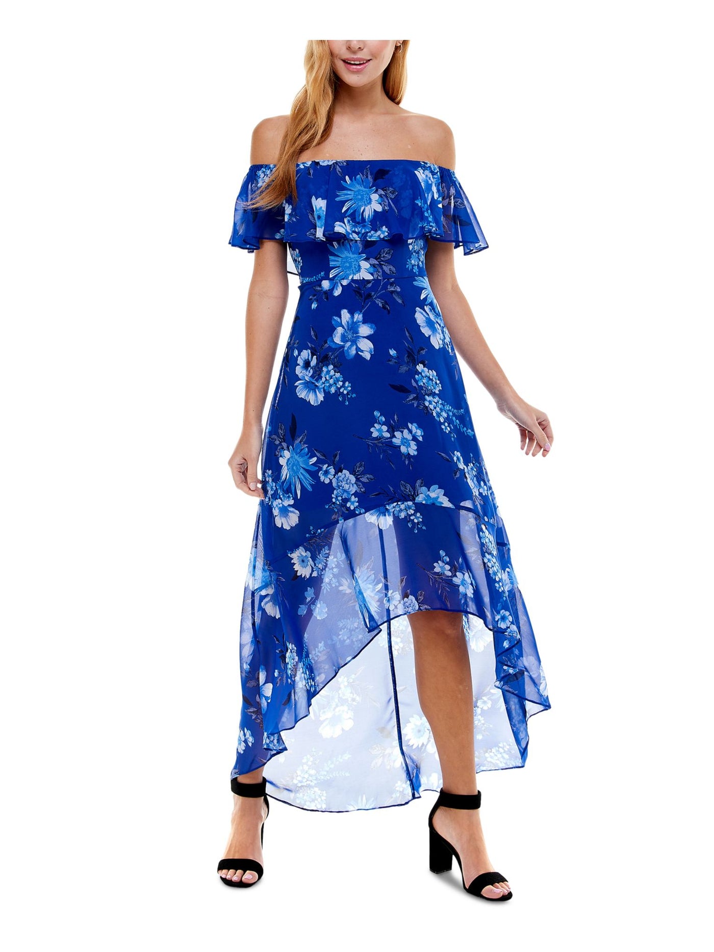 CRYSTAL DOLLS Womens Blue Zippered Ruffled Chiffon Floral Flutter Sleeve Off Shoulder Full-Length Cocktail Hi-Lo Dress Juniors S