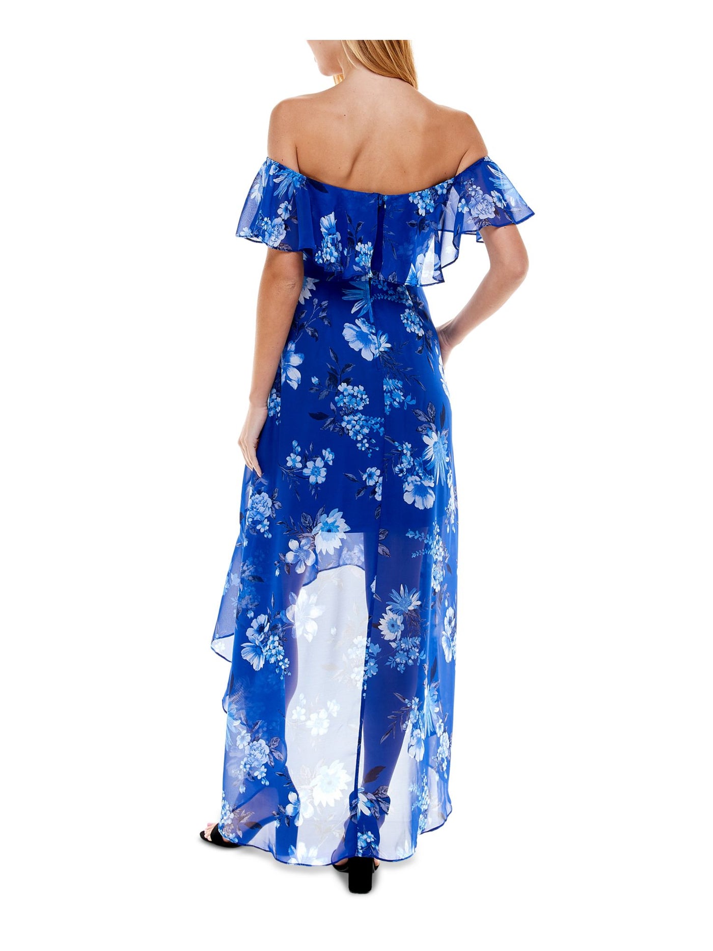 CRYSTAL DOLLS Womens Blue Zippered Ruffled Chiffon Floral Flutter Sleeve Off Shoulder Full-Length Cocktail Hi-Lo Dress Juniors XXS