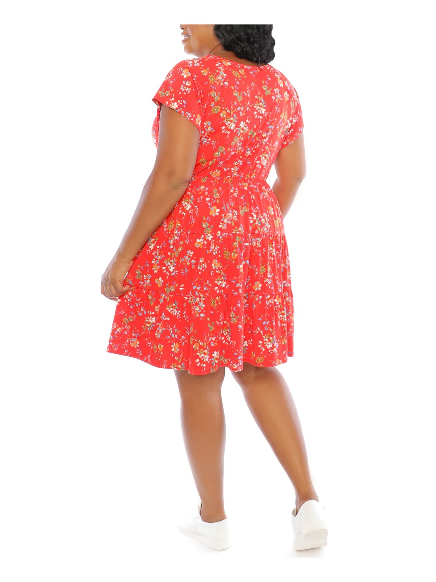 LONDON TIMES Womens Red Floral Flutter Sleeve V Neck Knee Length Baby Doll Dress Plus 2X