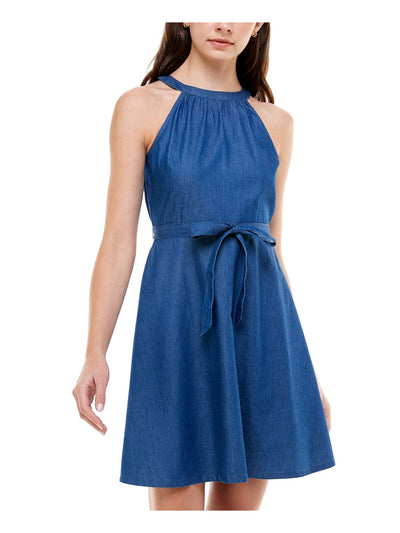 Rosie Harlow Womens Navy Denim Tie Sleeveless Halter Short Fit + Flare Dress Juniors XL