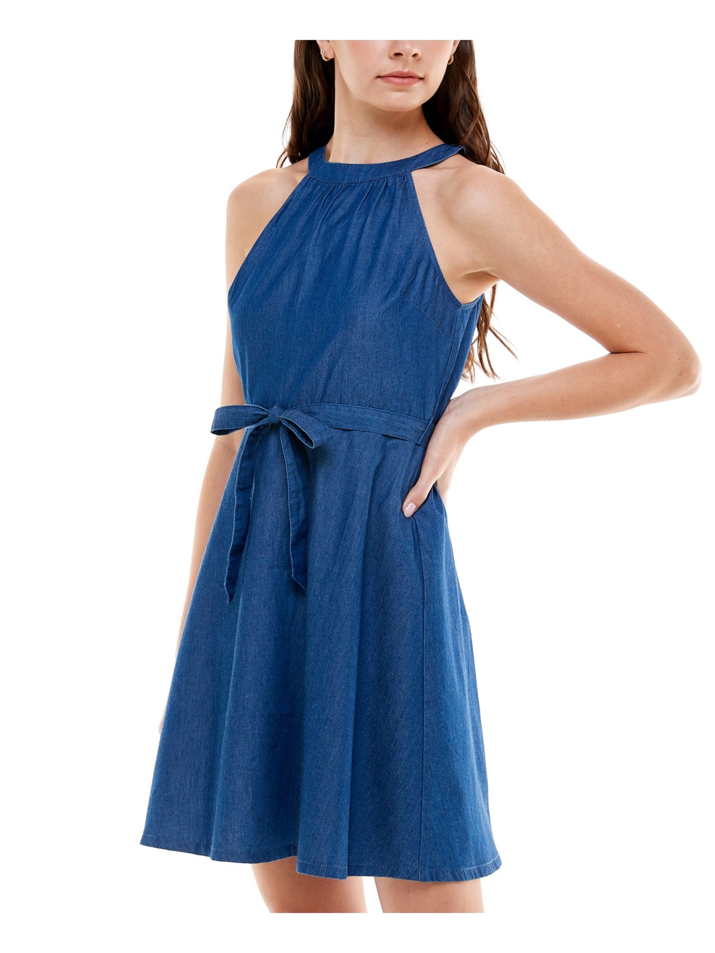 Rosie Harlow Womens Blue Denim Tie Sleeveless Halter Short Fit + Flare Dress Juniors XS