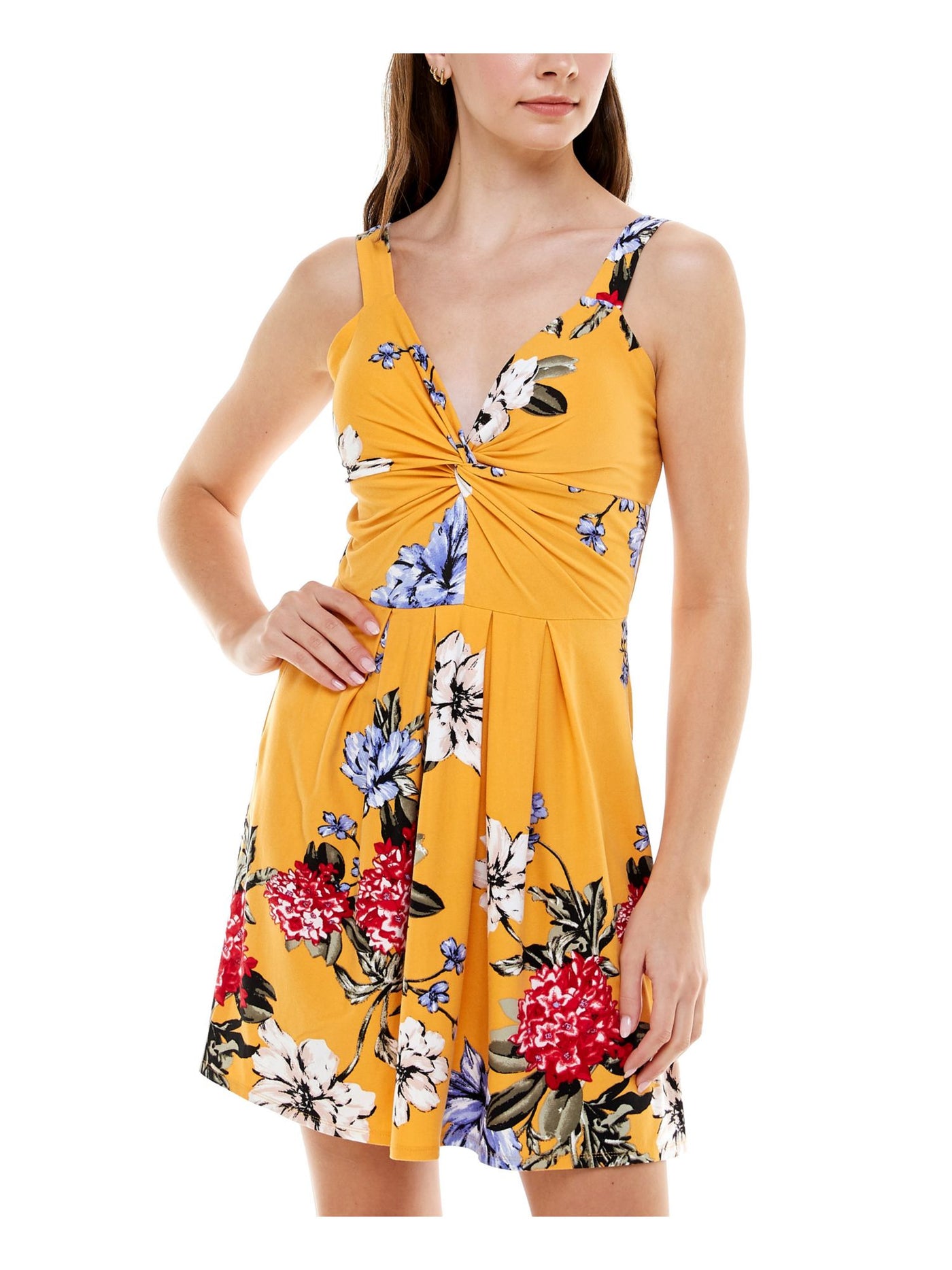 PLANET GOLD Womens Yellow Stretch Twist Front Floral Sleeveless Sweetheart Neckline Short Party Fit + Flare Dress M