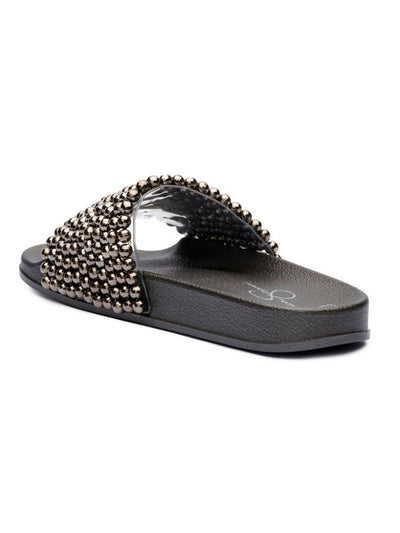 JESSICA SIMPSON Womens Black Pool Beaded Saycie Round Toe Slip On Slide Sandals Shoes 11 M