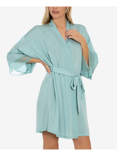 LINEA DONATELLA Intimates Turquoise Satin Lace-Trim Hammered Robe S\M